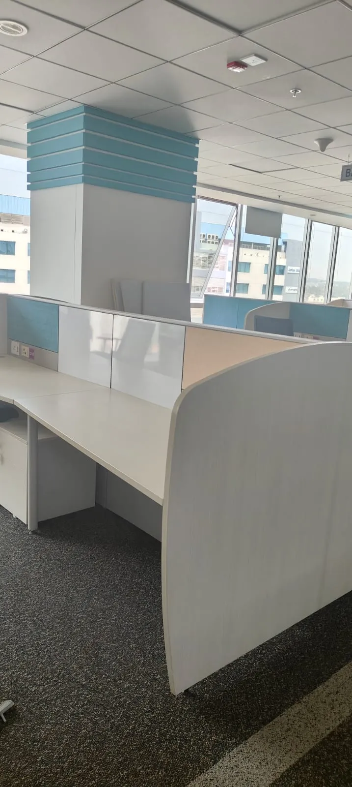 Empty modern open-plan linear desk systems configured inside an IT hub before workstation removal Marathahalli.